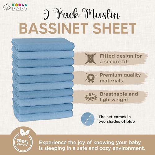 2-Pack Organic Cotton Bassinet Sheets for Graco & Guava, Light & Dark Blue, 30x20