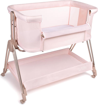 Baby Bedside Sleeper - Bassinet & Bedside Crib with Height Adjustment & Wheels - Can Be Placed Next to Bed - Attaches to Parents Bed - Easy to Fold & Carry Baby Bed for Girls (Pink)