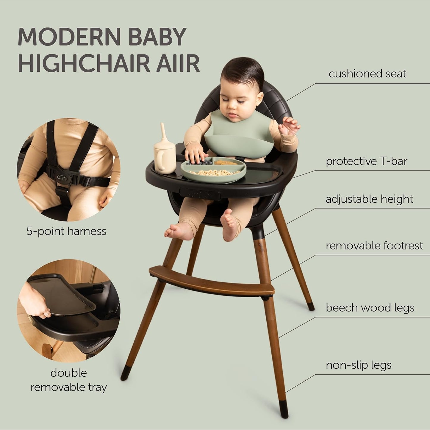Convertible Wooden High Chair with Adjustable Tray - Black