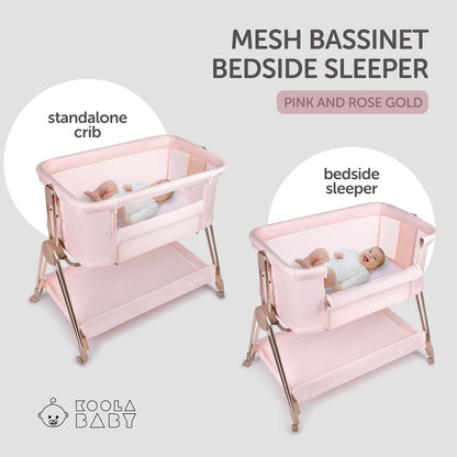 Baby Bedside Sleeper - Bassinet & Bedside Crib with Height Adjustment & Wheels - Can Be Placed Next to Bed - Attaches to Parents Bed - Easy to Fold & Carry Baby Bed for Girls (Pink)