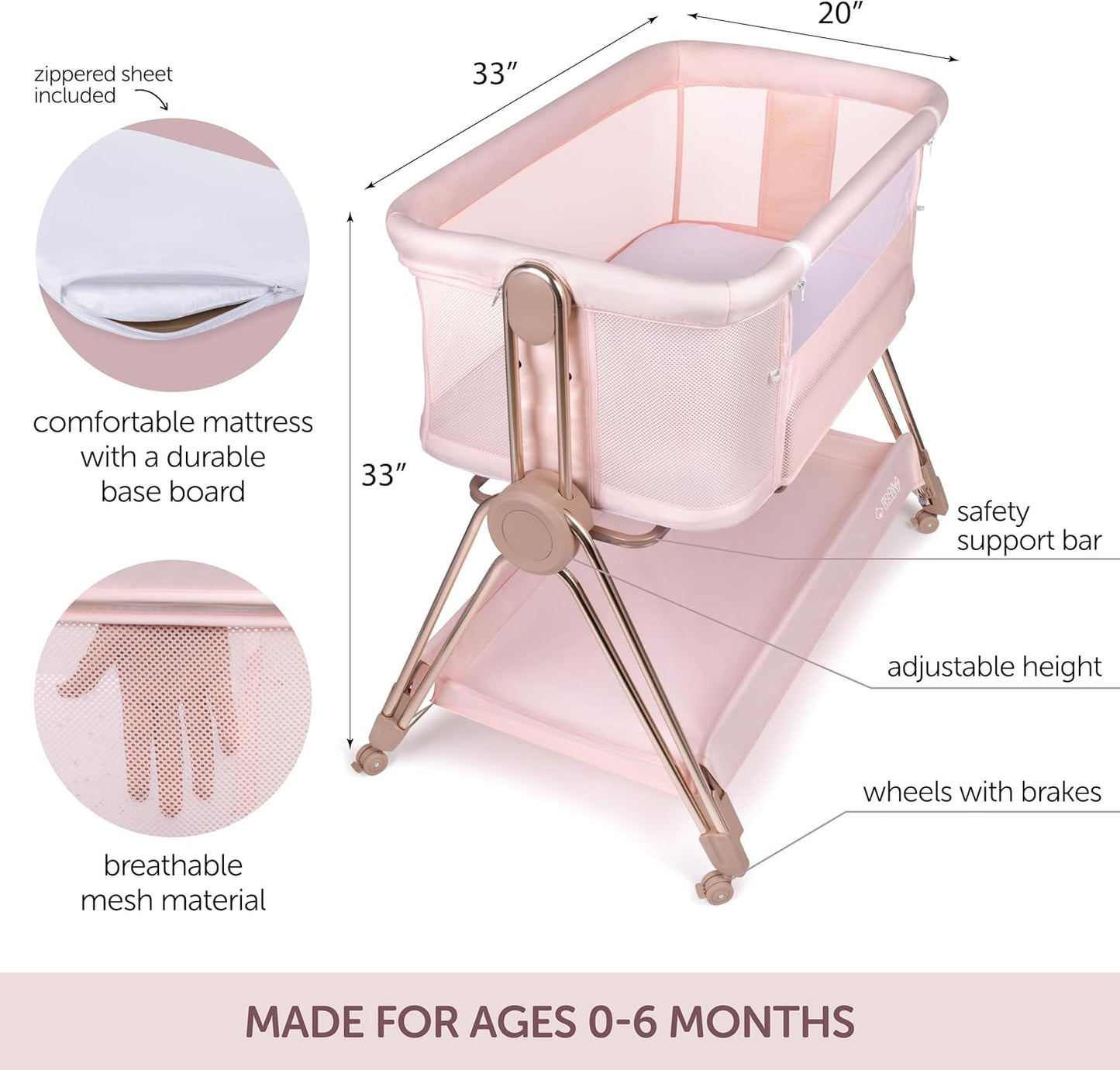 Baby Bedside Sleeper - Bassinet & Bedside Crib with Height Adjustment & Wheels - Can Be Placed Next to Bed - Attaches to Parents Bed - Easy to Fold & Carry Baby Bed for Girls (Pink)