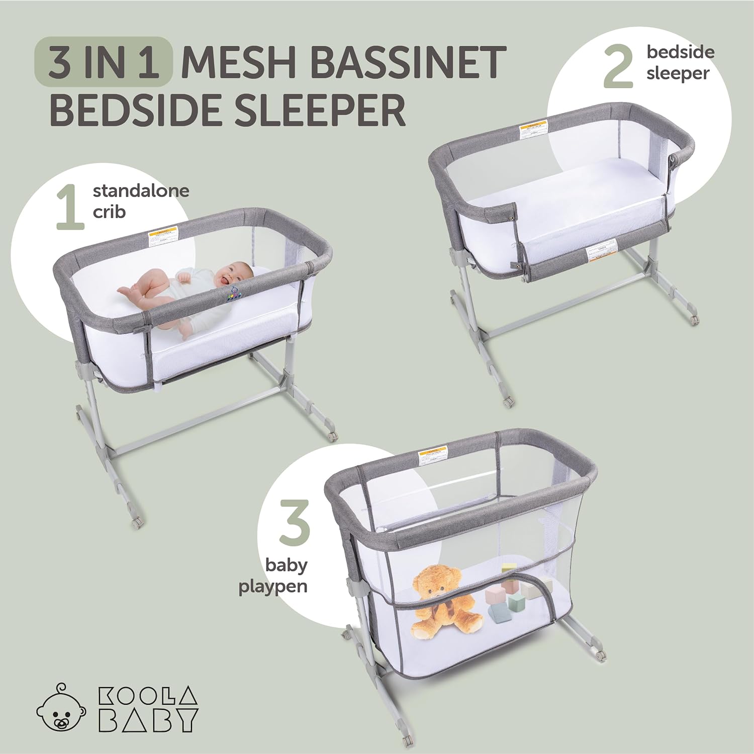 3 in 1 Portable Baby Bassinet Playpen Grey KoolerThings