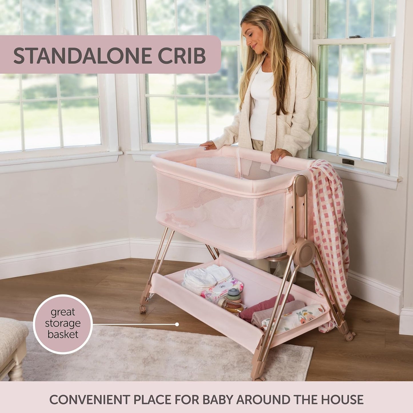 Baby Bedside Sleeper - Bassinet & Bedside Crib with Height Adjustment & Wheels - Can Be Placed Next to Bed - Attaches to Parents Bed - Easy to Fold & Carry Baby Bed for Girls (Pink)