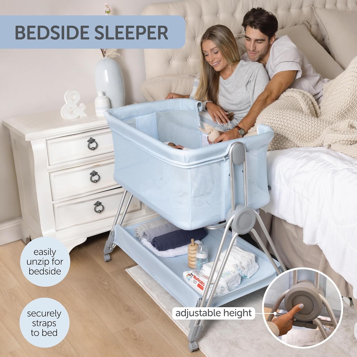 Baby Bedside Sleeper - Bassinet & Bedside Crib with Height Adjustment & Wheels - Can be Placed Next to Bed - Attaches to Parents Bed - Easy to Fold & Carry Baby Bed for Boys (Blue)