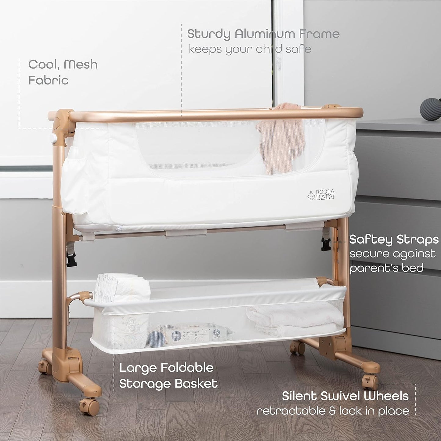 Portable Baby Bassinet & Sleeper with Storage - White/Gold