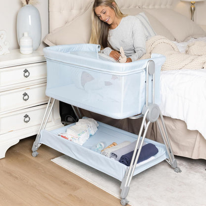 Baby Bedside Sleeper - Bassinet & Bedside Crib with Height Adjustment & Wheels - Can be Placed Next to Bed - Attaches to Parents Bed - Easy to Fold & Carry Baby Bed for Boys (Blue)