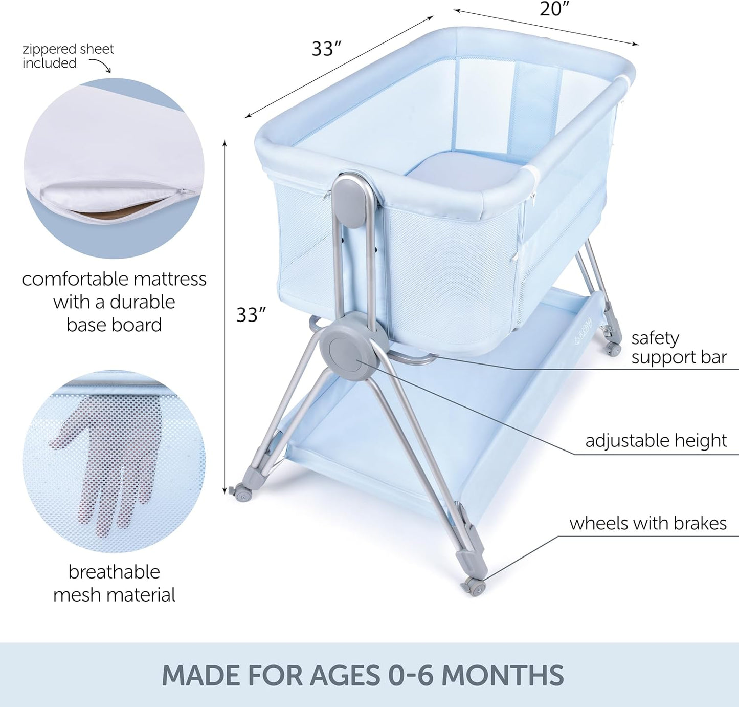 Baby Bedside Sleeper - Bassinet & Bedside Crib with Height Adjustment & Wheels - Can be Placed Next to Bed - Attaches to Parents Bed - Easy to Fold & Carry Baby Bed for Boys (Blue)