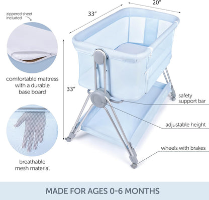 Baby Bedside Sleeper - Bassinet & Bedside Crib with Height Adjustment & Wheels - Can be Placed Next to Bed - Attaches to Parents Bed - Easy to Fold & Carry Baby Bed for Boys (Blue)