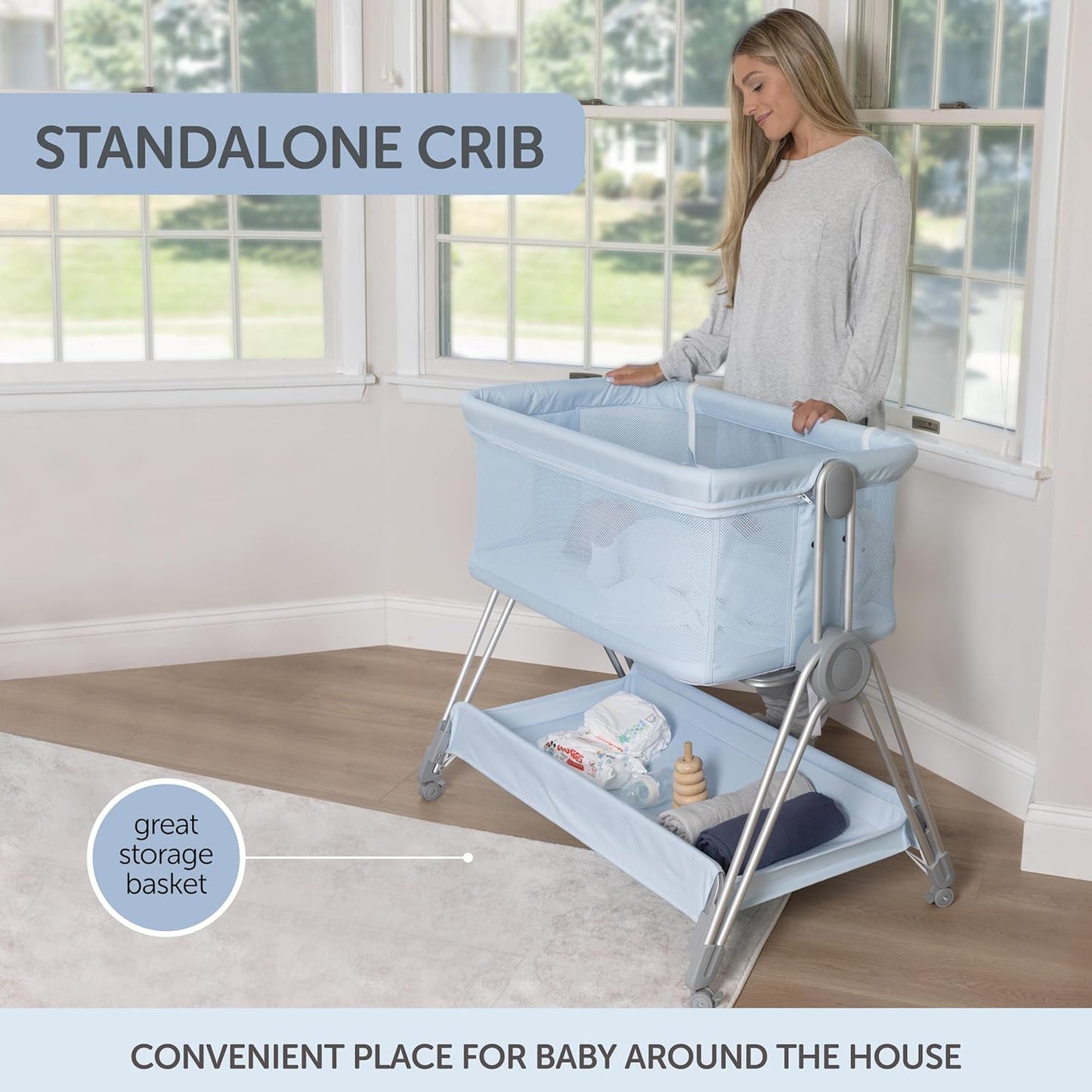 Baby Bedside Sleeper - Bassinet & Bedside Crib with Height Adjustment & Wheels - Can be Placed Next to Bed - Attaches to Parents Bed - Easy to Fold & Carry Baby Bed for Boys (Blue)