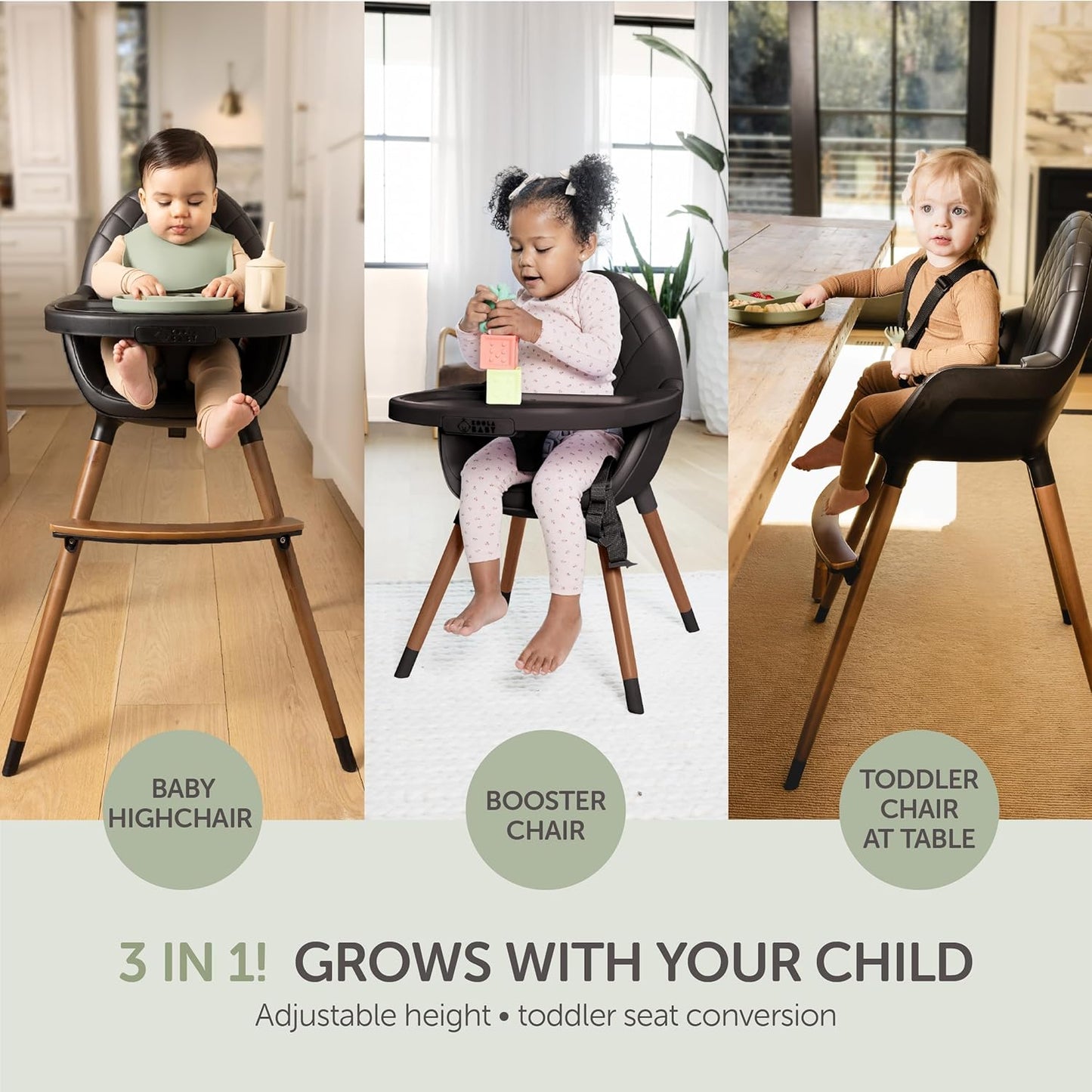 Convertible Wooden High Chair with Adjustable Tray - Black