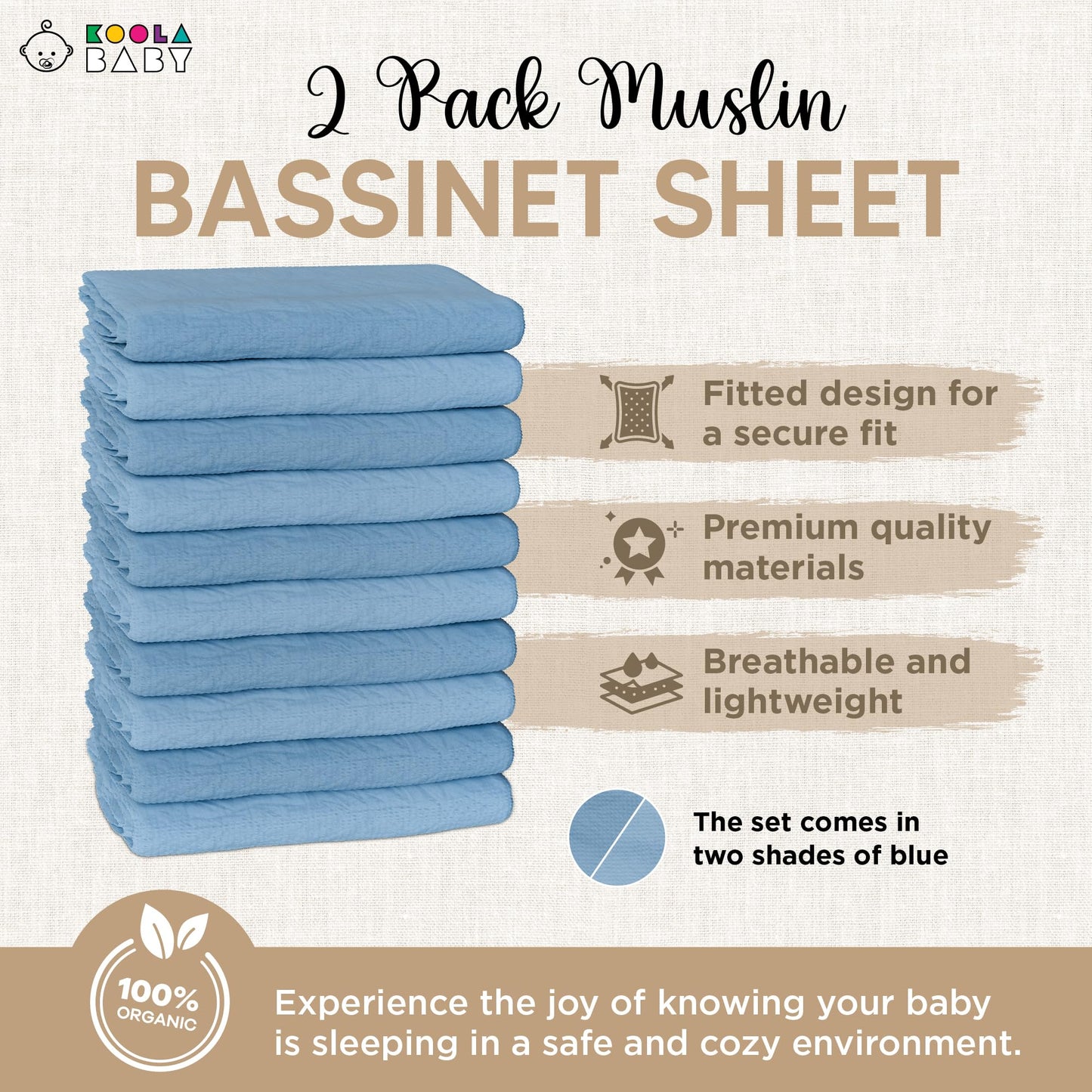 2-Pack Organic Cotton Bassinet Sheets for Graco & Guava, Light & Dark Blue, 30x20