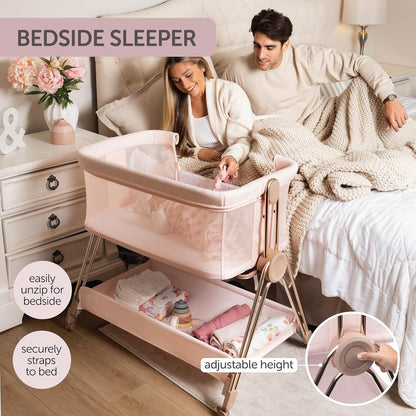 Baby Bedside Sleeper - Bassinet & Bedside Crib with Height Adjustment & Wheels - Can Be Placed Next to Bed - Attaches to Parents Bed - Easy to Fold & Carry Baby Bed for Girls (Pink)