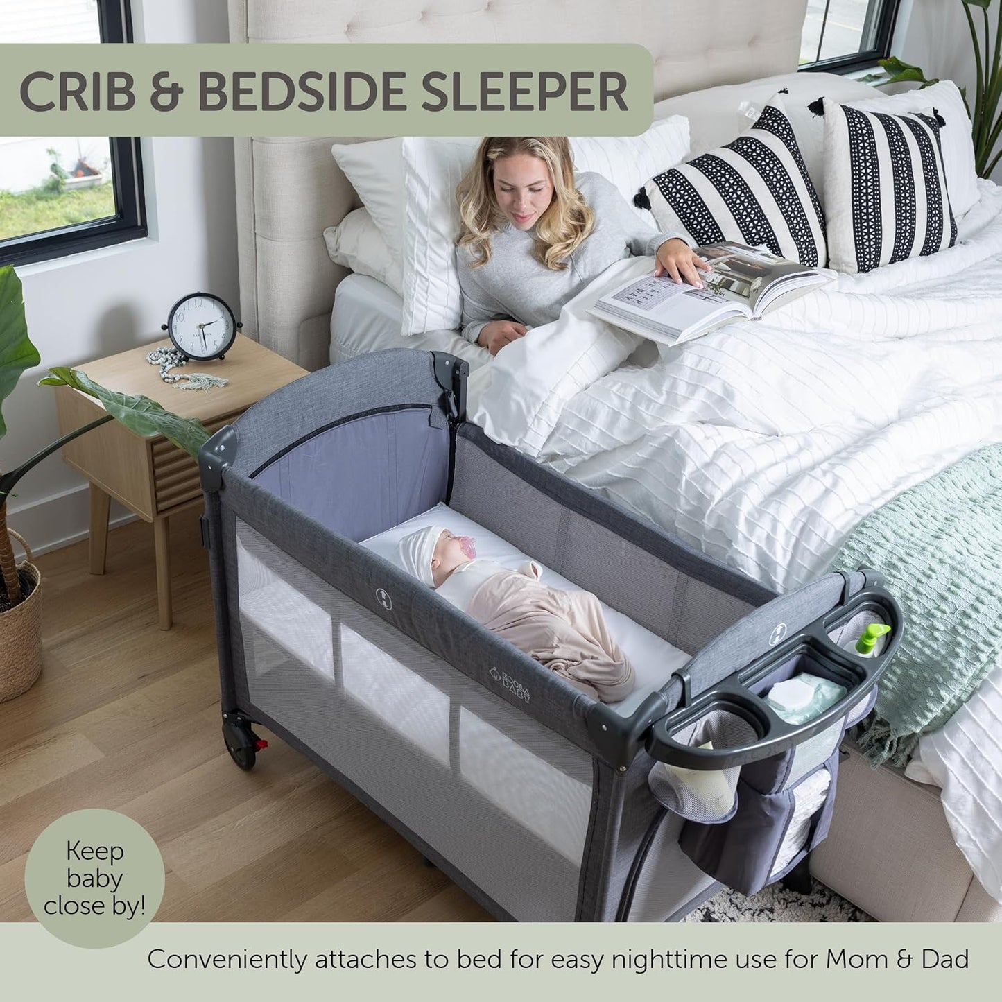 4-in-1 Baby Bassinet - Bedside Crib Sleeper, Pack and Play, Diaper Changing Table & Travel Bassinet - Portable Bassinet for Newborn To Toddlers - Travel Bag Included