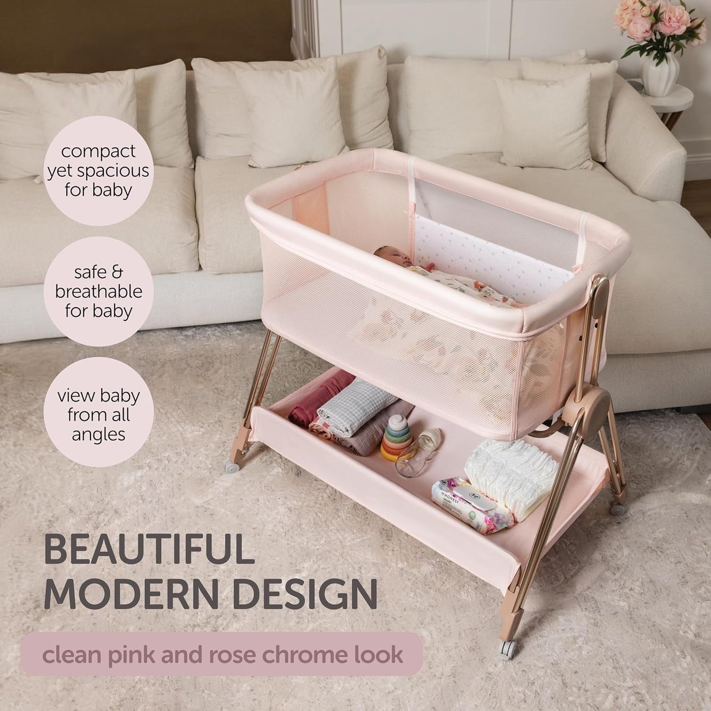 Baby Bedside Sleeper - Bassinet & Bedside Crib with Height Adjustment & Wheels - Can Be Placed Next to Bed - Attaches to Parents Bed - Easy to Fold & Carry Baby Bed for Girls (Pink)